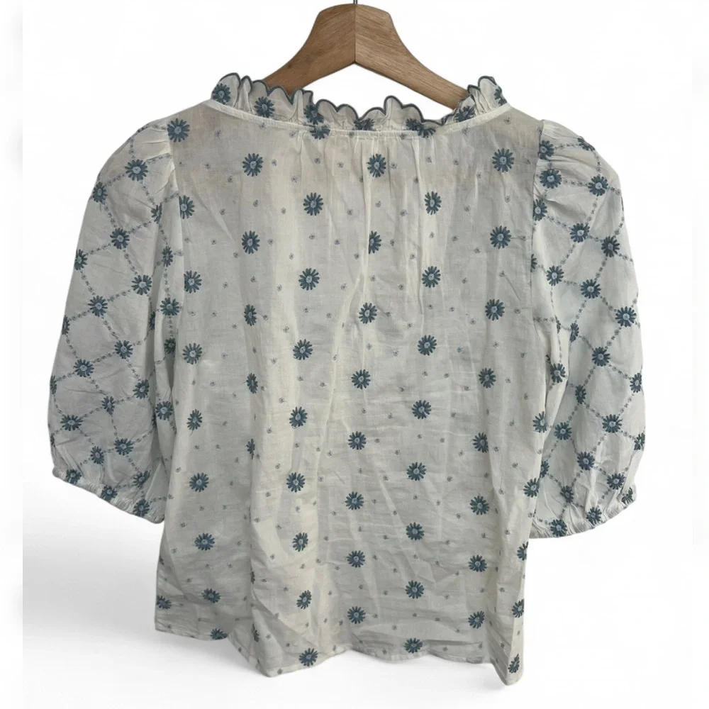 Sezane Kellia shirt size 34/2 blue ecru daisies EUC - Picture 3 of 5